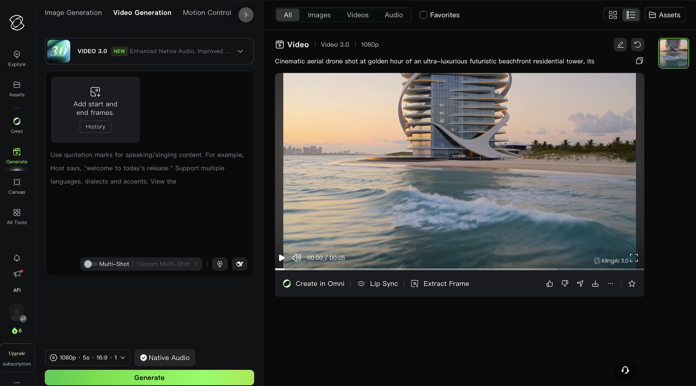 Kling AI Video Generation interface with Video 3.0 selected and multi-shot toggled off