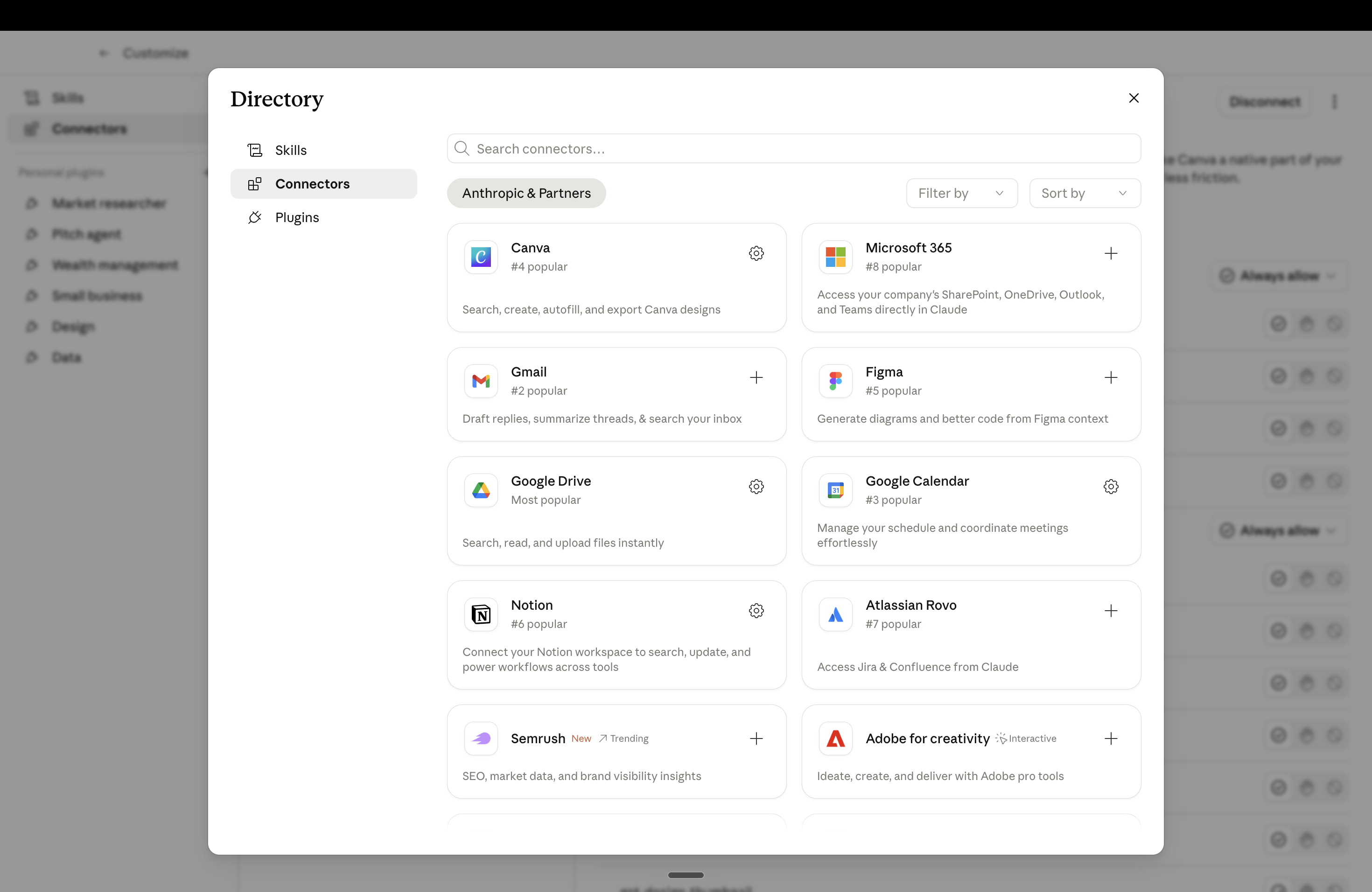 Claude Cowork connectors panel showing Gmail, Calendar, Drive, and Notion toggled on