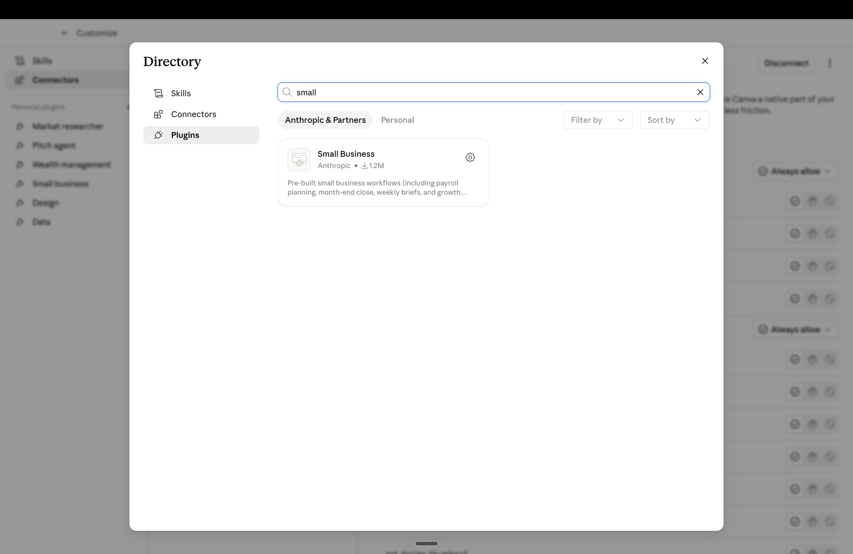 Claude Cowork plugin directory showing the Small Business plugin by Anthropic