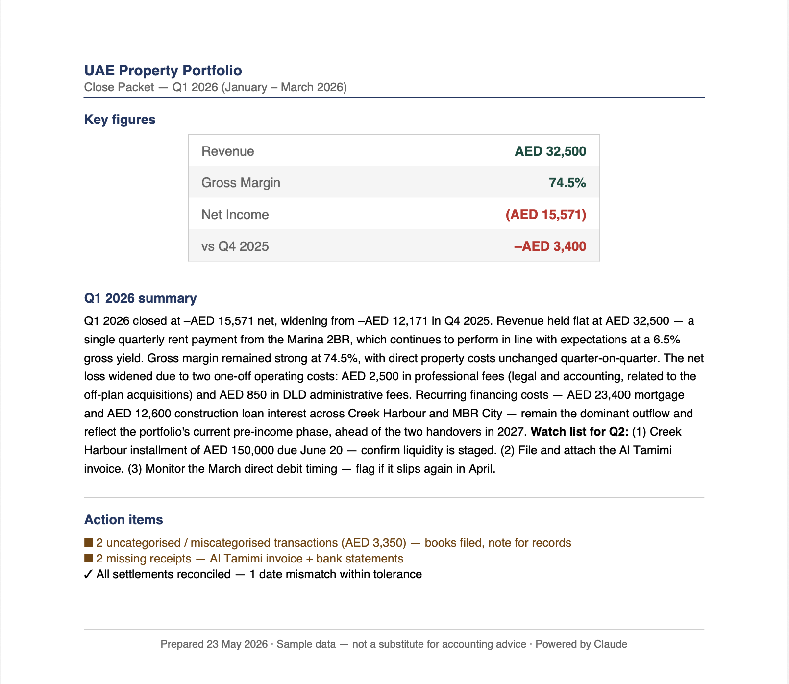 The one-page Close Packet PDF the workflow produces for the accountant