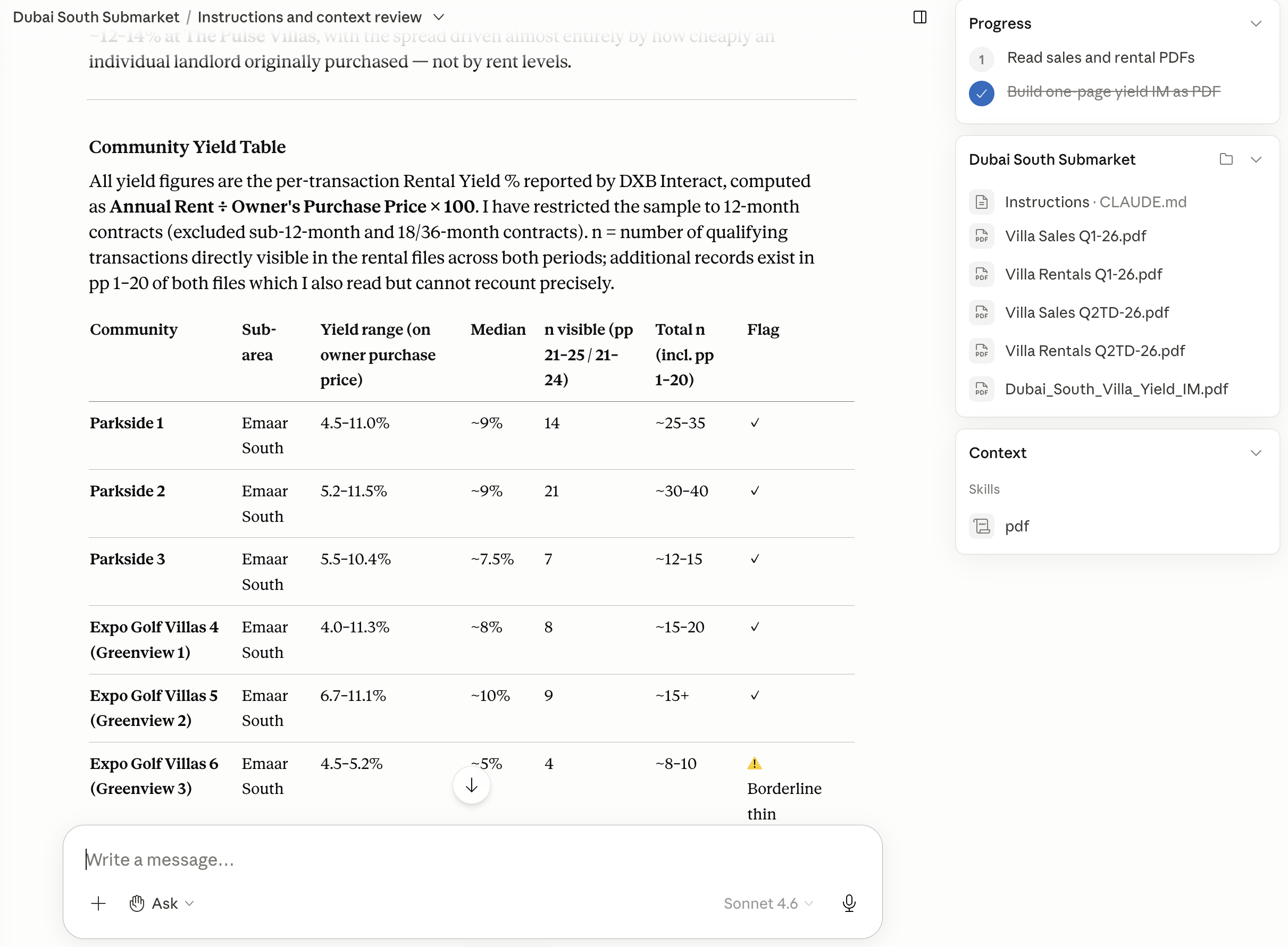 Claude Project response: gross yield table with citations to the uploaded DLD and RERA files