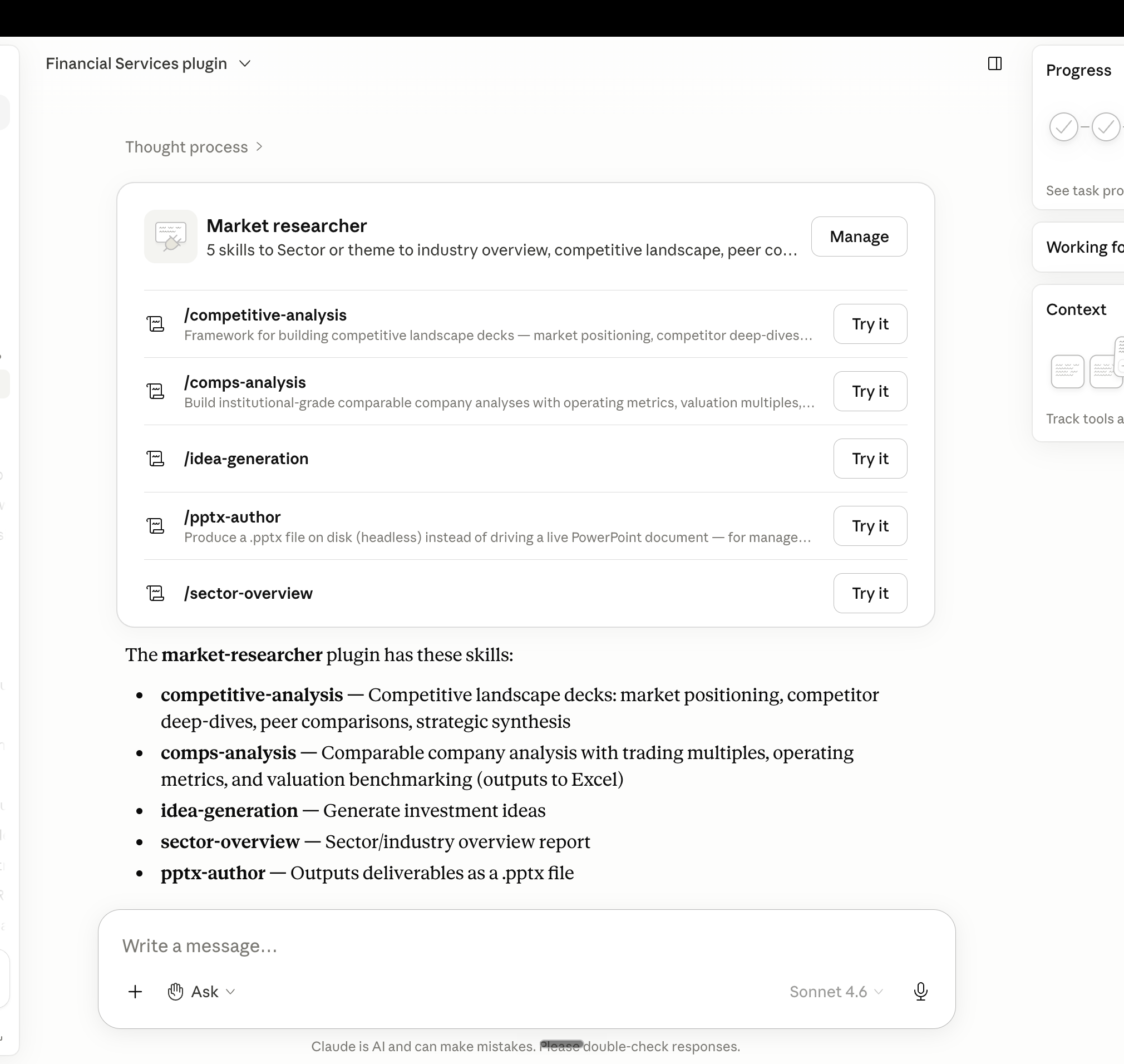 The Co-work view showing market-researcher agent with the comp-analysis skill option